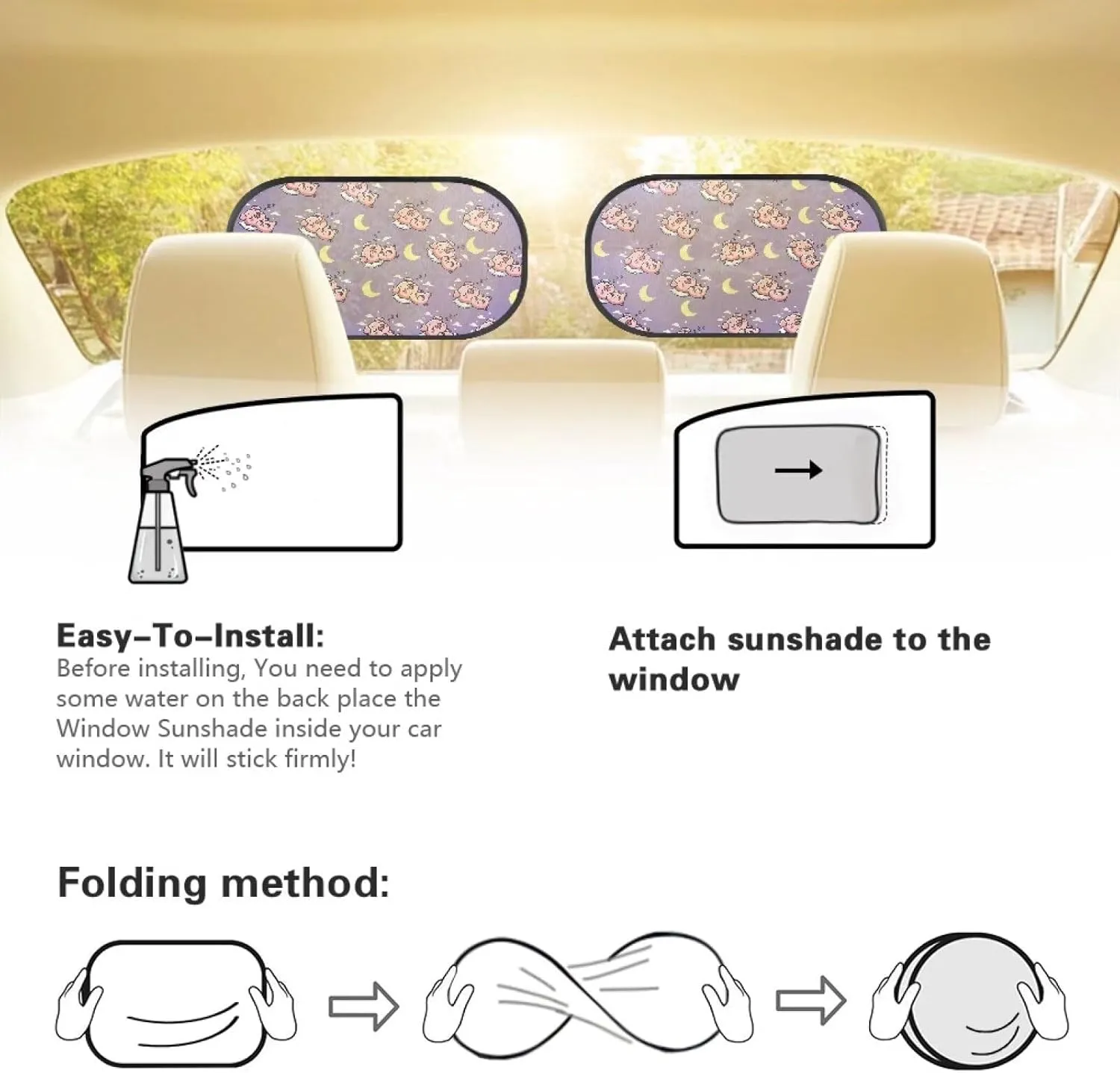 Sleep Pig Moon Car Sun Shade for Baby Kids 2 Pack Cling Side Window Car Rear Sunshades Universal with Storage Bag Sun Glare and UV Rays Protection