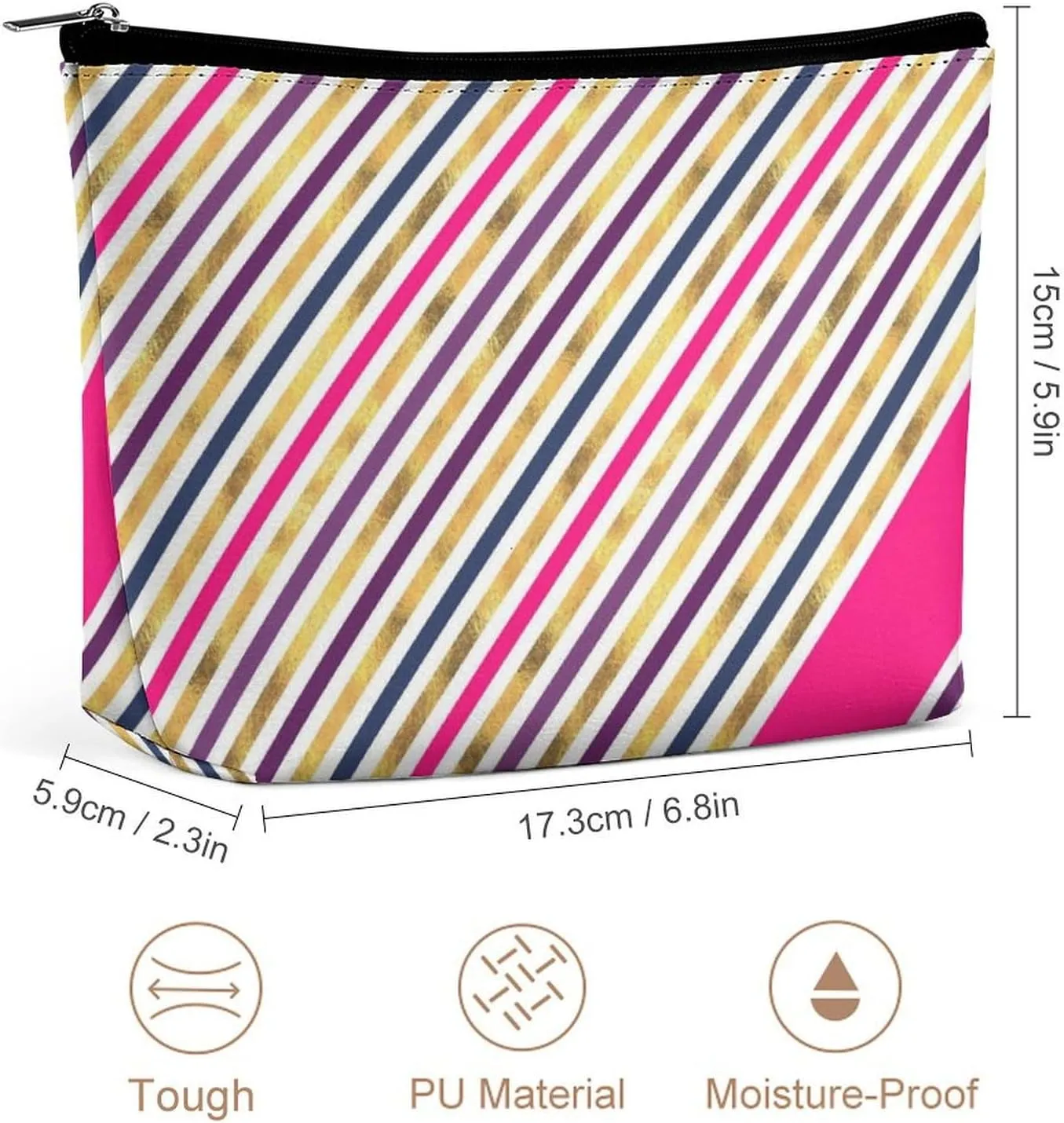 Small Cosmetic Bag, Pink Gold Stripes Makeup Bags Elegant Roomy Pouch for Women,Travel Toiletry Accessories Organizer