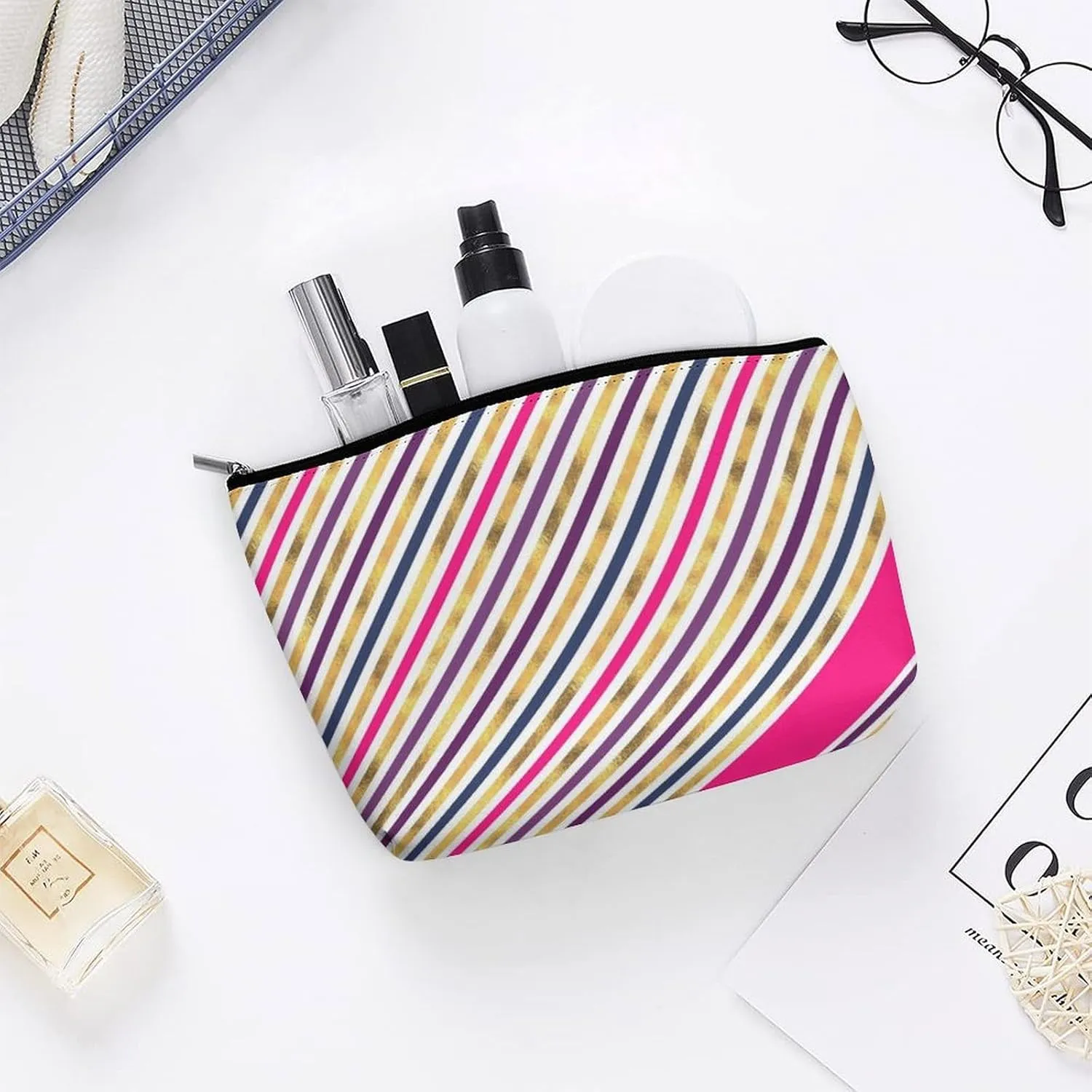 Small Cosmetic Bag, Pink Gold Stripes Makeup Bags Elegant Roomy Pouch for Women,Travel Toiletry Accessories Organizer