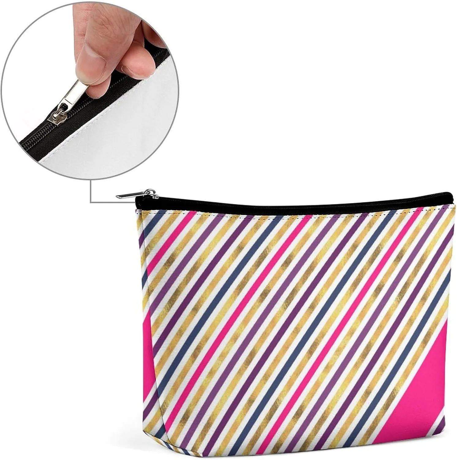 Small Cosmetic Bag, Pink Gold Stripes Makeup Bags Elegant Roomy Pouch for Women,Travel Toiletry Accessories Organizer