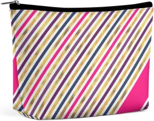 Small Cosmetic Bag, Pink Gold Stripes Makeup Bags Elegant Roomy Pouch for Women,Travel Toiletry Accessories Organizer