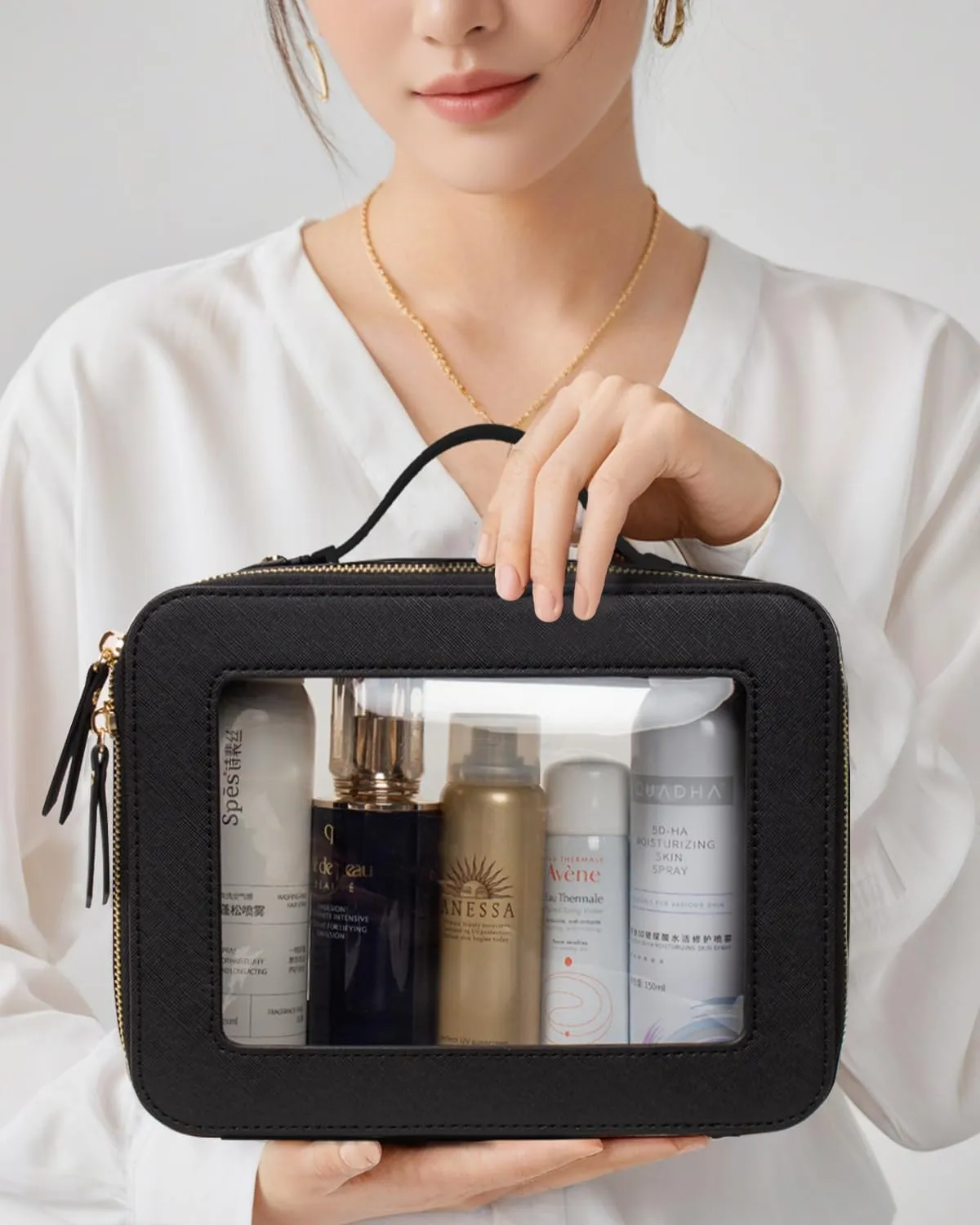 Small Makeup Case Organizer Travel Clear Cosmetic Bag for Women TSA Approved Portable Toiletry Bag Multipurpose Leather Makeup Bag Waterproof Leather Make Up Pouch with Zipper