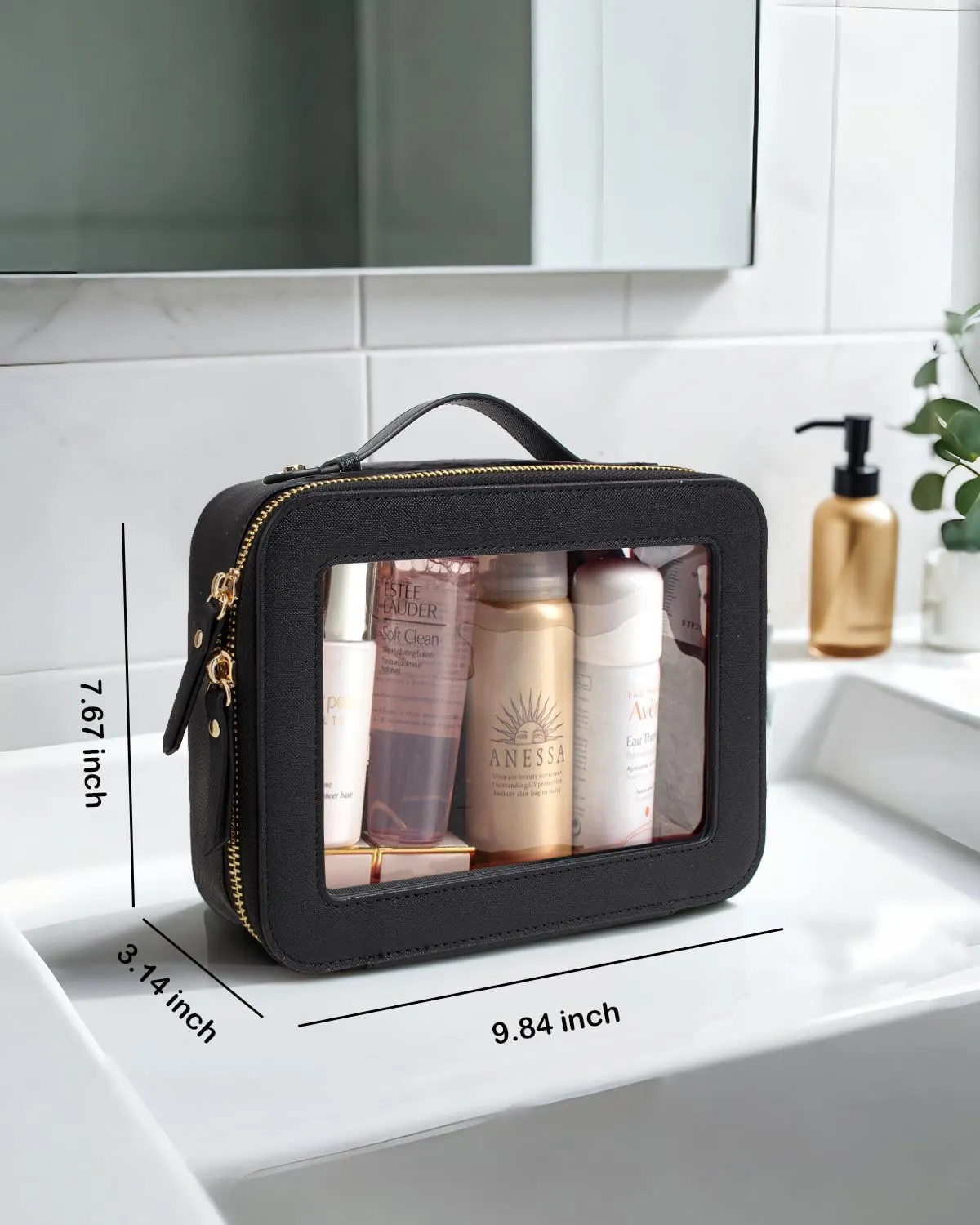 Small Makeup Case Organizer Travel Clear Cosmetic Bag for Women TSA Approved Portable Toiletry Bag Multipurpose Leather Makeup Bag Waterproof Leather Make Up Pouch with Zipper