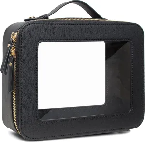 Small Makeup Case Organizer Travel Clear Cosmetic Bag for Women TSA Approved Portable Toiletry Bag Multipurpose Leather Makeup Bag Waterproof Leather Make Up Pouch with Zipper