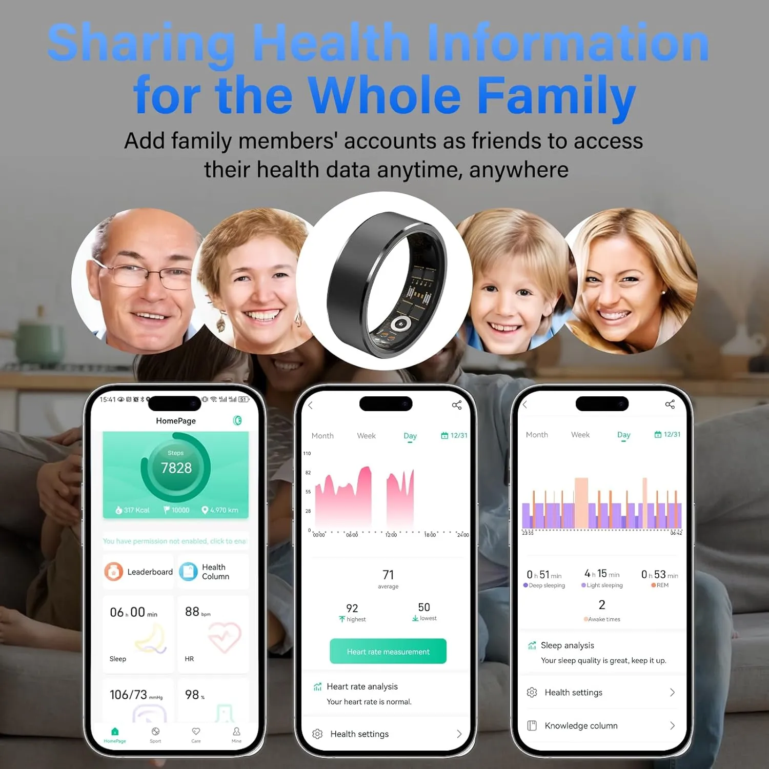 Smart Ring Fitness Tracker Ring for Men Women - Health Heart Rate Ring with Motion Tracking, Sleep Monitor, and Oximetry, No Subscription Fee, Family Care, Remote Photography, IP68 Waterproof(9#)