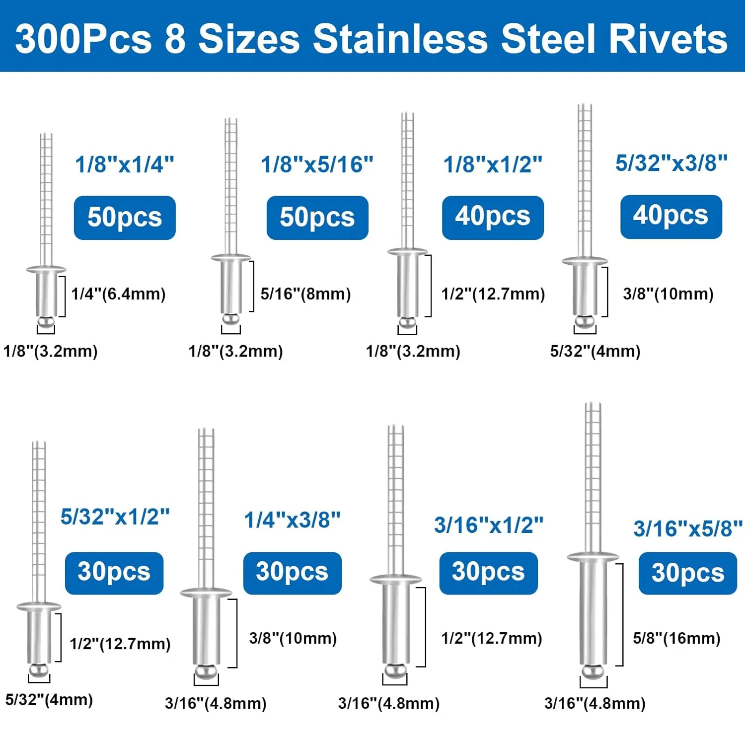 smseace 1280Pcs Stainless Steel Rivets with Pop Rivets with Washer for Metal,Furniture,Automotive,Instrument