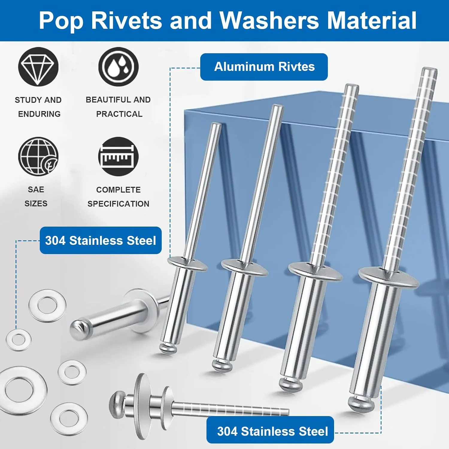 smseace 1280Pcs Stainless Steel Rivets with Pop Rivets with Washer for Metal,Furniture,Automotive,Instrument