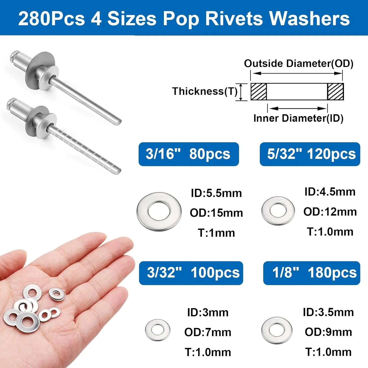 smseace 1280Pcs Stainless Steel Rivets with Pop Rivets with Washer for Metal,Furniture,Automotive,Instrument