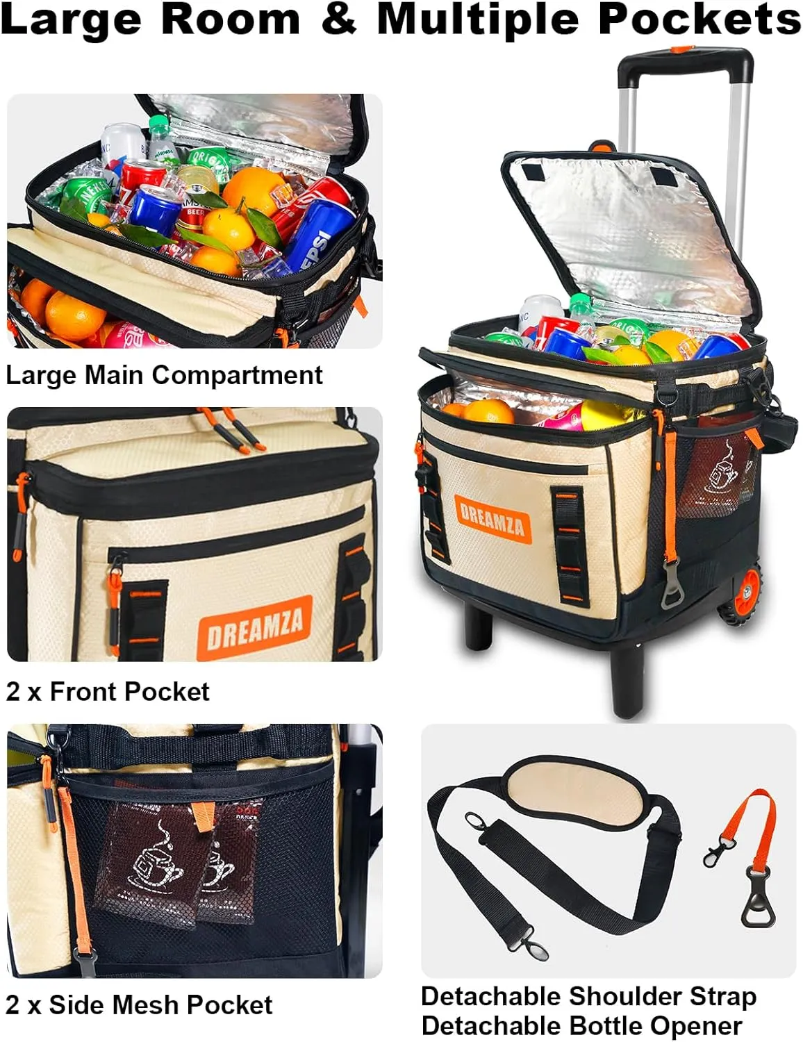 Soft Cooler with Wheels, 60-Can Wheeled Cooler with Handle, Leak Proof Rolling Cooler Insulated Bag with All-Terrain Cart, Collapsible Rolling Ice Chest for Beach Picnic Camping Grocery