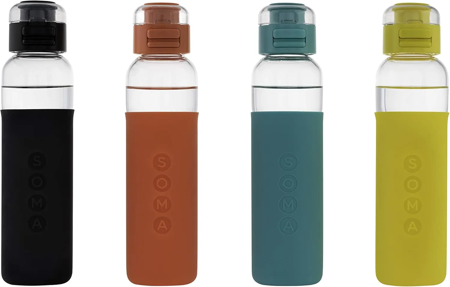 SOMA Glass Water Bottle with Silicone Sleeve, Sport Cap, 17-ounce, Black