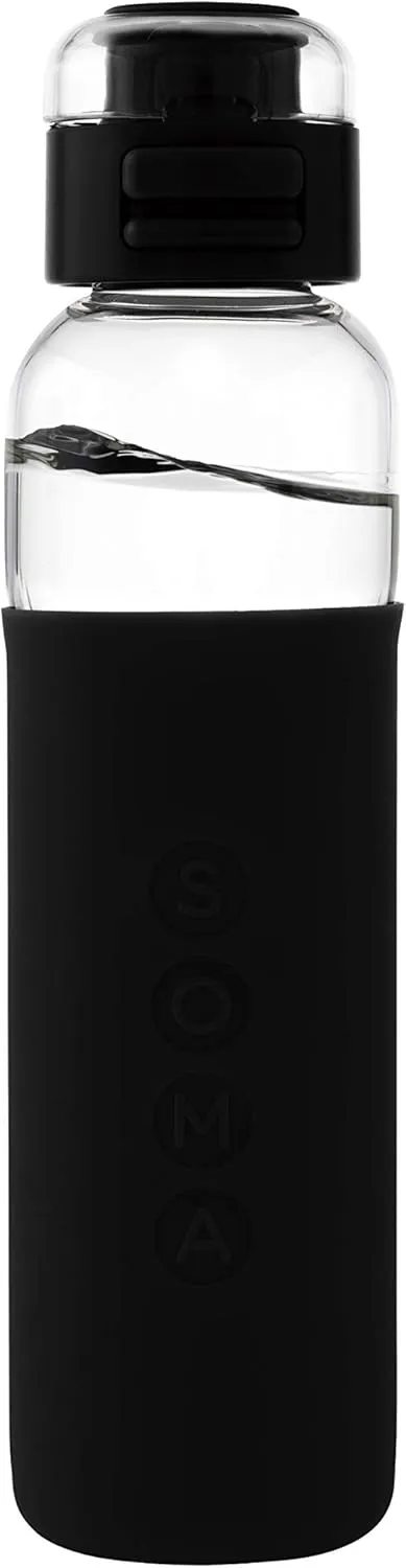 SOMA Glass Water Bottle with Silicone Sleeve, Sport Cap, 17-ounce, Black