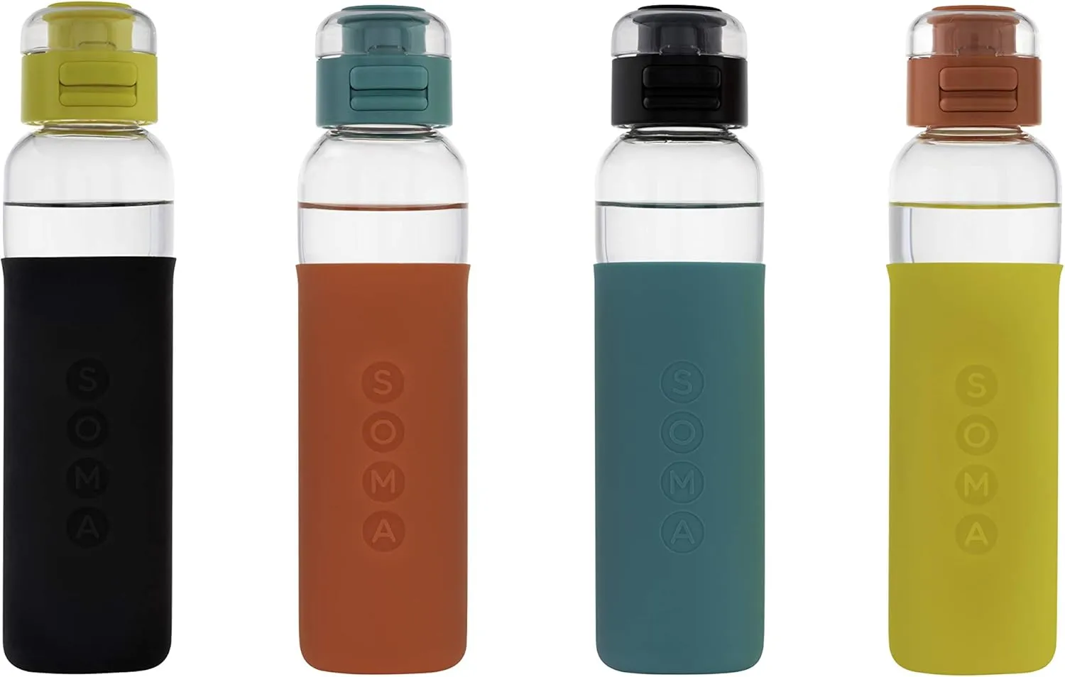 SOMA Glass Water Bottle with Silicone Sleeve, Sport Cap, 17-ounce, Black