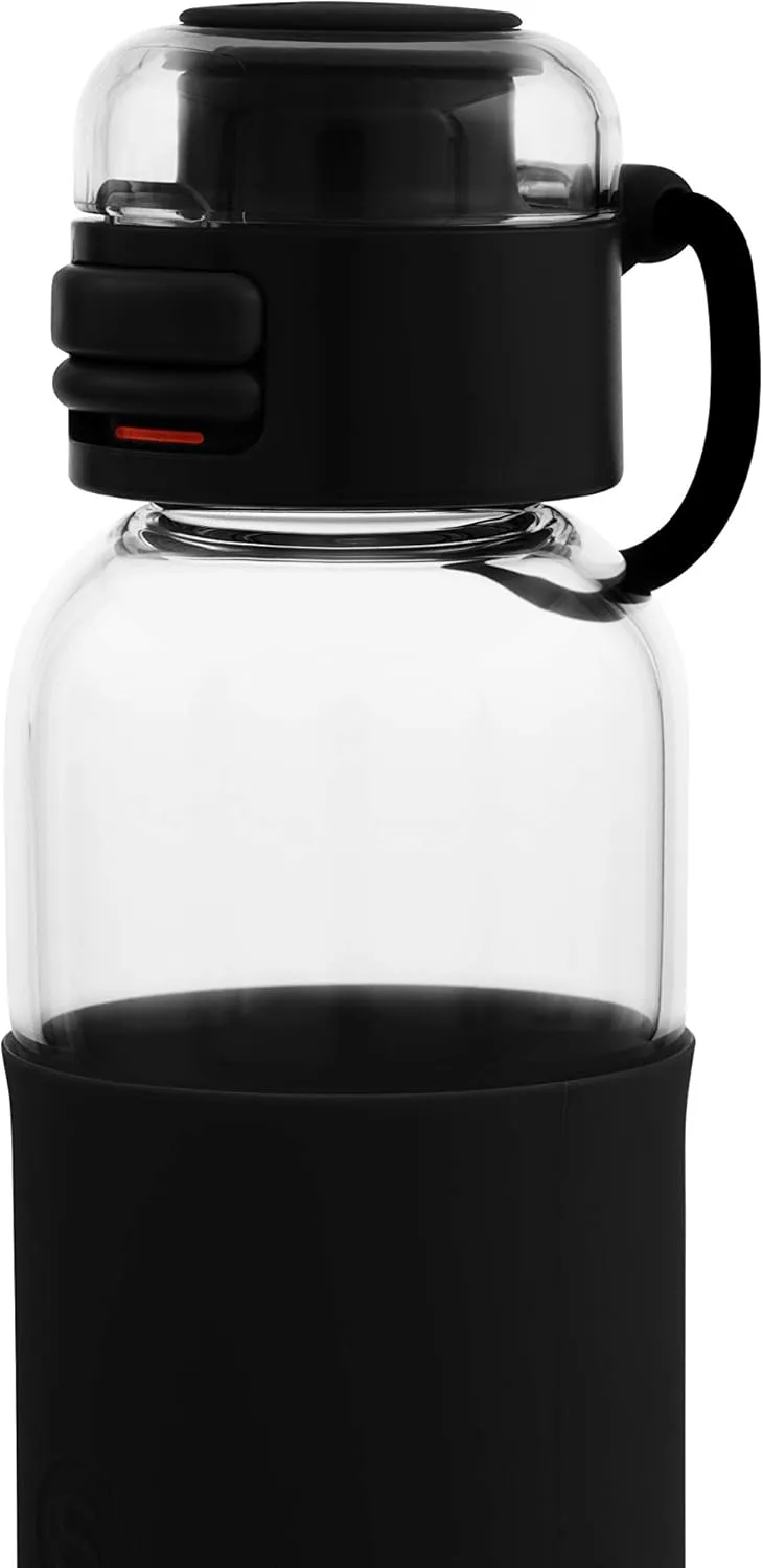 SOMA Glass Water Bottle with Silicone Sleeve, Sport Cap, 17-ounce, Black