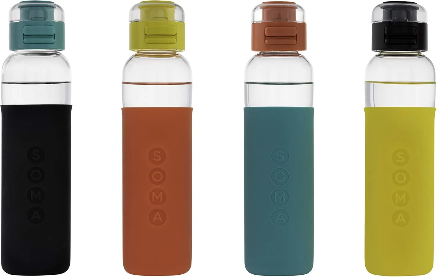 SOMA Glass Water Bottle with Silicone Sleeve, Sport Cap, 17-ounce, Black