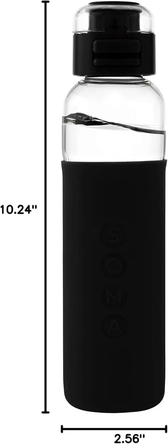 SOMA Glass Water Bottle with Silicone Sleeve, Sport Cap, 17-ounce, Black