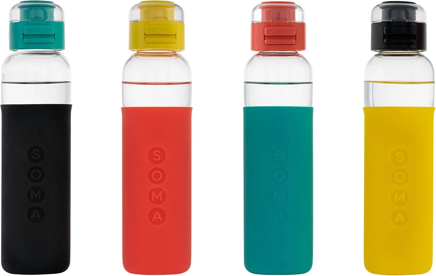 SOMA Glass Water Bottle with Silicone Sleeve, Sport Cap, 17-ounce, Coral