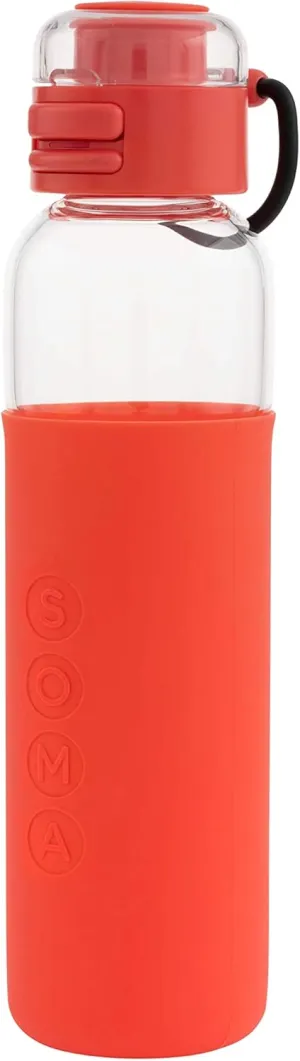 SOMA Glass Water Bottle with Silicone Sleeve, Sport Cap, 17-ounce, Coral
