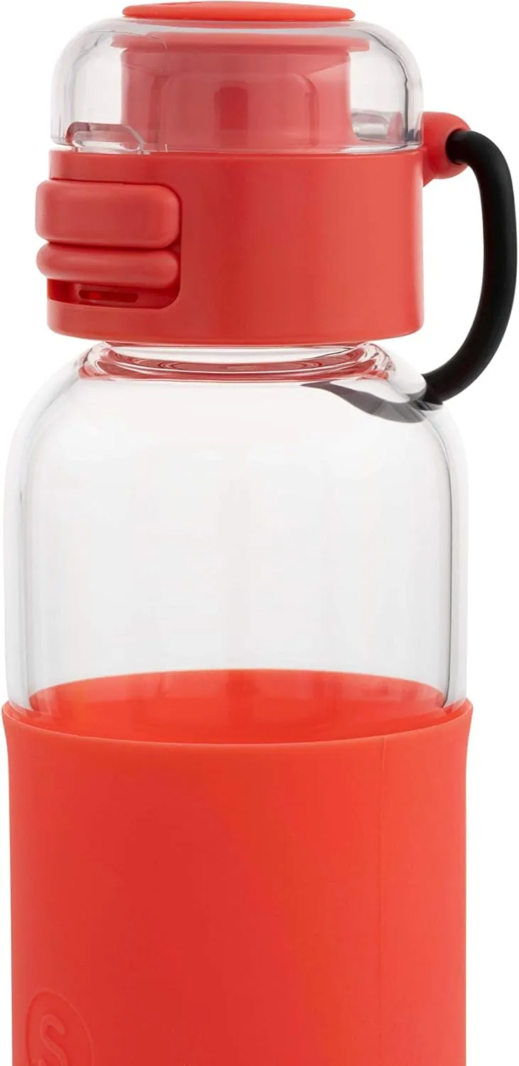 SOMA Glass Water Bottle with Silicone Sleeve, Sport Cap, 17-ounce, Coral