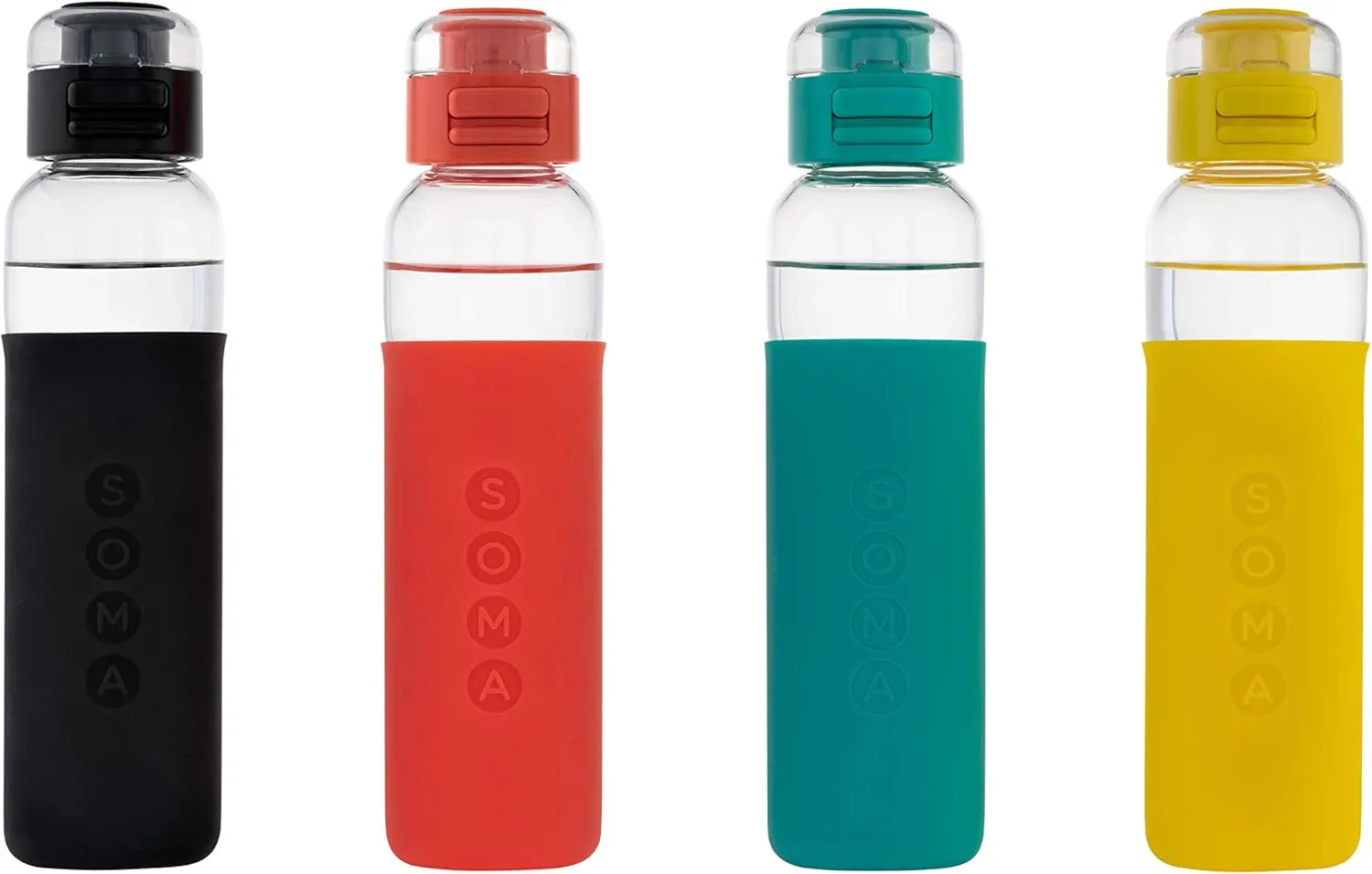 SOMA Glass Water Bottle with Silicone Sleeve, Sport Cap, 17-ounce, Coral