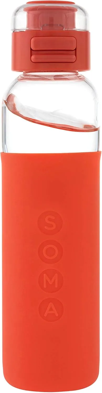 SOMA Glass Water Bottle with Silicone Sleeve, Sport Cap, 17-ounce, Coral