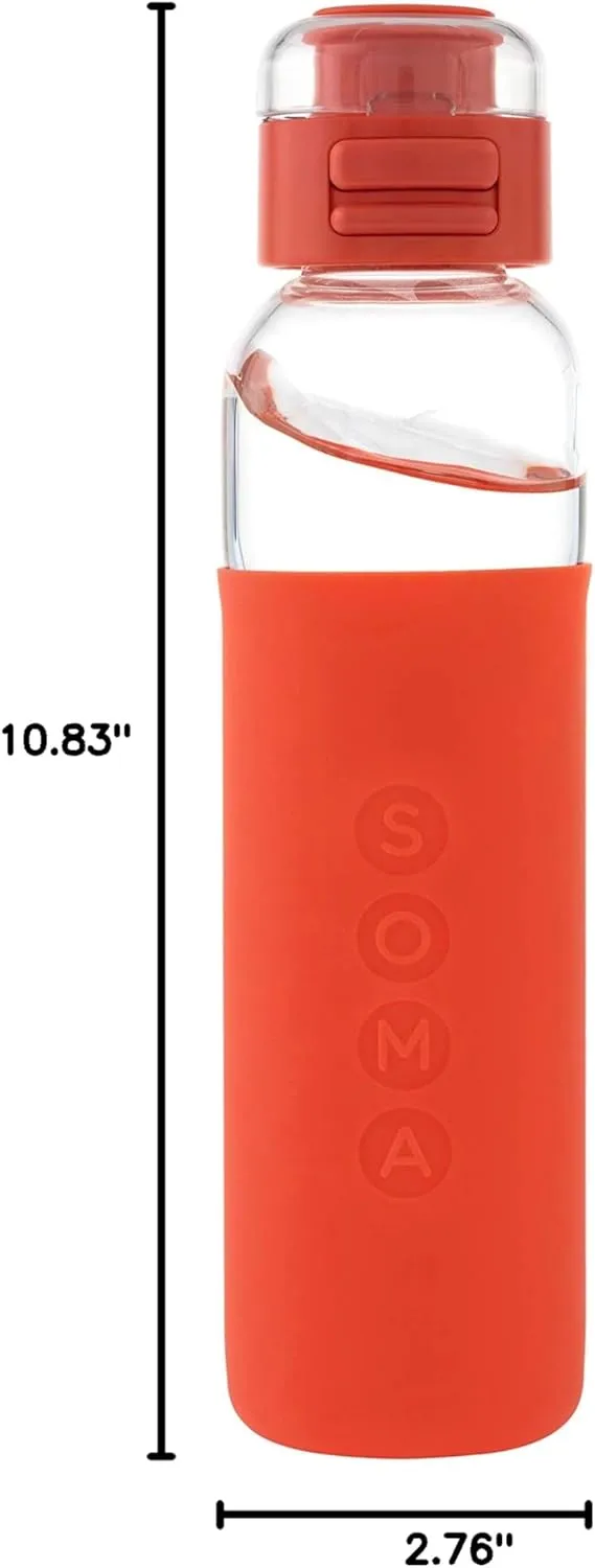 SOMA Glass Water Bottle with Silicone Sleeve, Sport Cap, 17-ounce, Coral