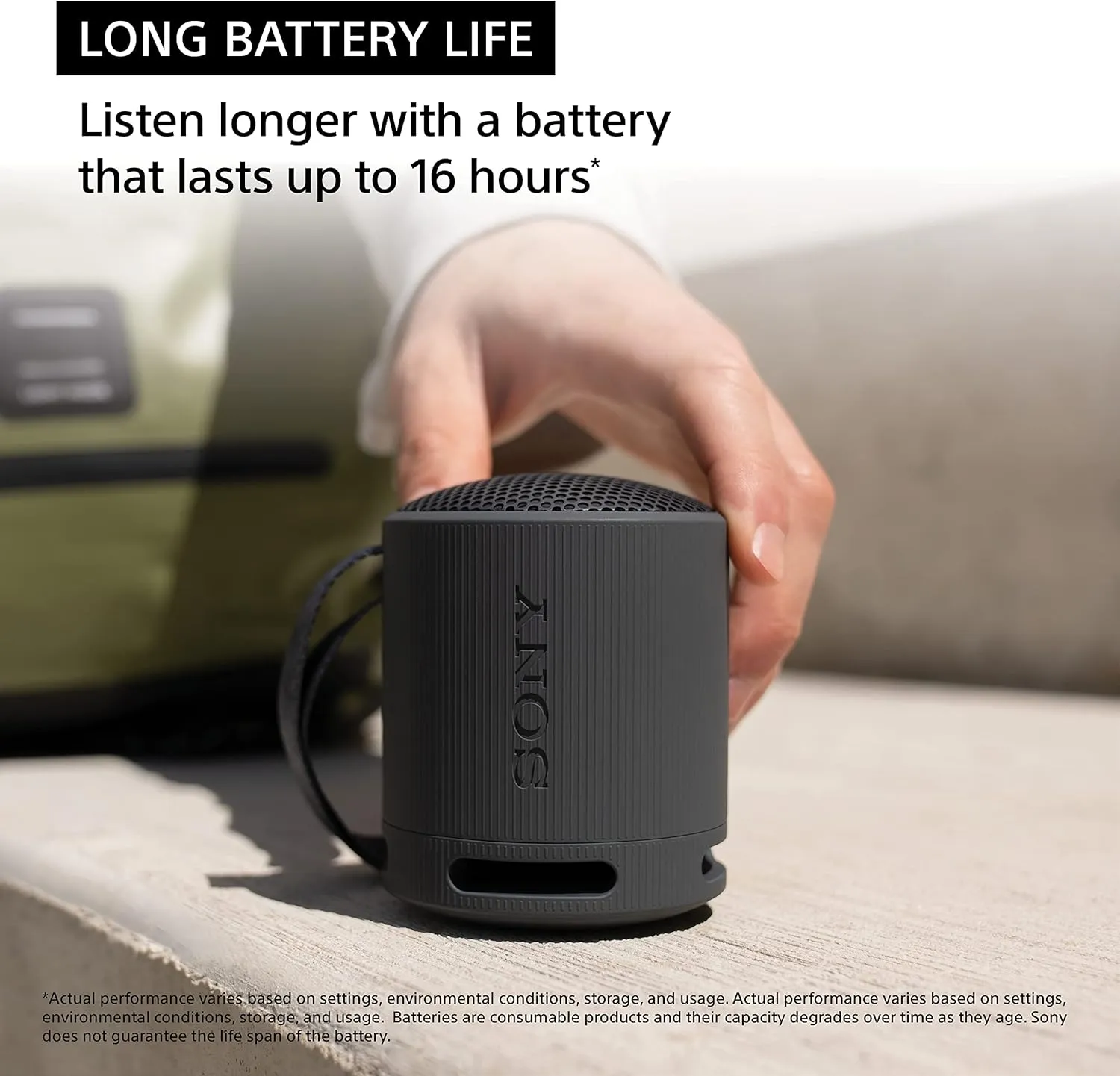 Sony SRS-XB100 Wireless Bluetooth Portable Lightweight Super-Compact Travel Speaker, Durable IP67 Waterproof & Dustproof Shower Speaker, 16 Hour Battery, Versatile Strap, & Hands-free Calling, Black