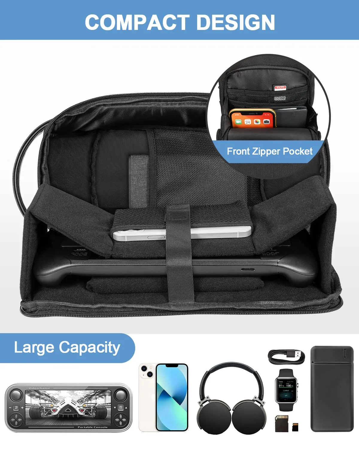 Soulgo Carrying Case Compatible with Steam Deck, Steam Deck OLED/ASUS ROG Ally X & Accessories - Protective Shoulder Bag Pouch with Multi-Pocket Fit Console, AC Charger, Dock for Travel(Black)