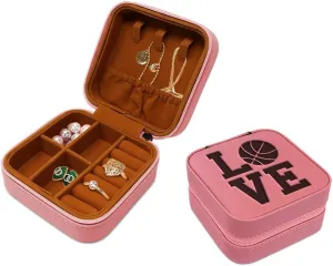 Speedy Pros Engraved Leather Jewelry Box Love Basketball Decal Travel Earring Case for Women Soft Pink