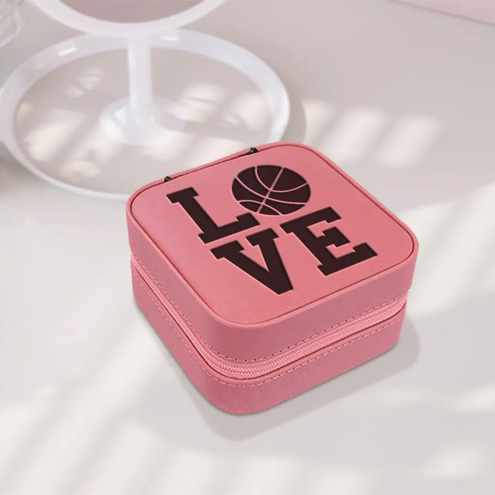 Speedy Pros Engraved Leather Jewelry Box Love Basketball Decal Travel Earring Case for Women Soft Pink
