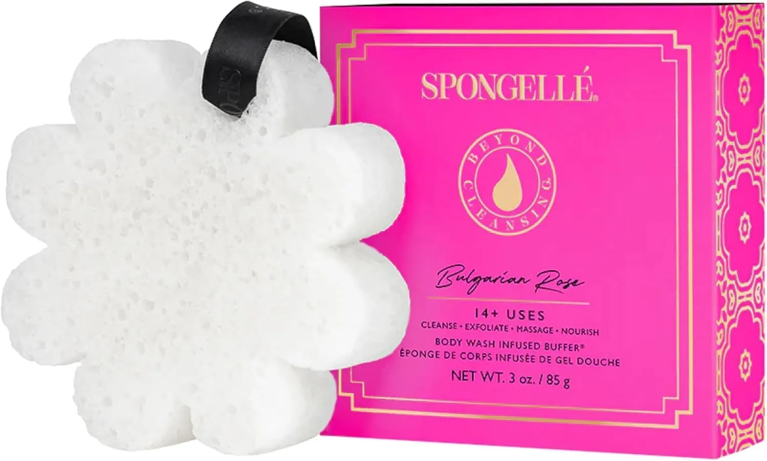 Spongelle Wild Flower Buffer Body Scrubber Bundle with Box | Bath & Shower Loofah for Women | Exfoliator with Body Wash Infused | 14  uses (Bulgarian Rose, French Lavender, Freesia Pear)