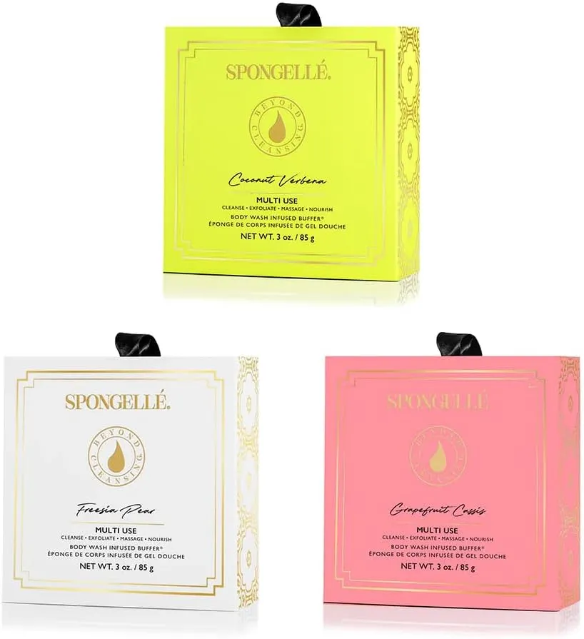 Spongelle Wild Flower Buffer Body Scrubber with Box | Bath & Shower Loofah for Women | Exfoliator with Body Wash Infused | 14  uses (Coconut Verbena, Grapefruit Cassis, Freesia Pear)
