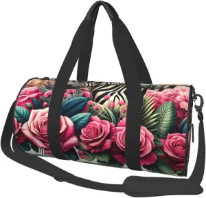 Sports Duffel Bag Leopard-Zebra-Rose-Print Foldable Travel Tote Bag Weekender Sleepover Carry On Bag