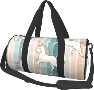 Sports Duffel Bag One-Horned-Horse-Rainbow-Stripe Foldable Travel Tote Bag Weekender Sleepover Carry On Bag