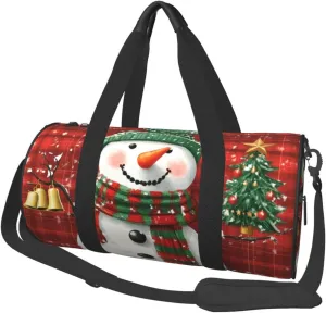 Sports Duffel Bag Xmas-Snowman-Bell-Plaid Foldable Travel Tote Bag Weekender Sleepover Carry On Bag