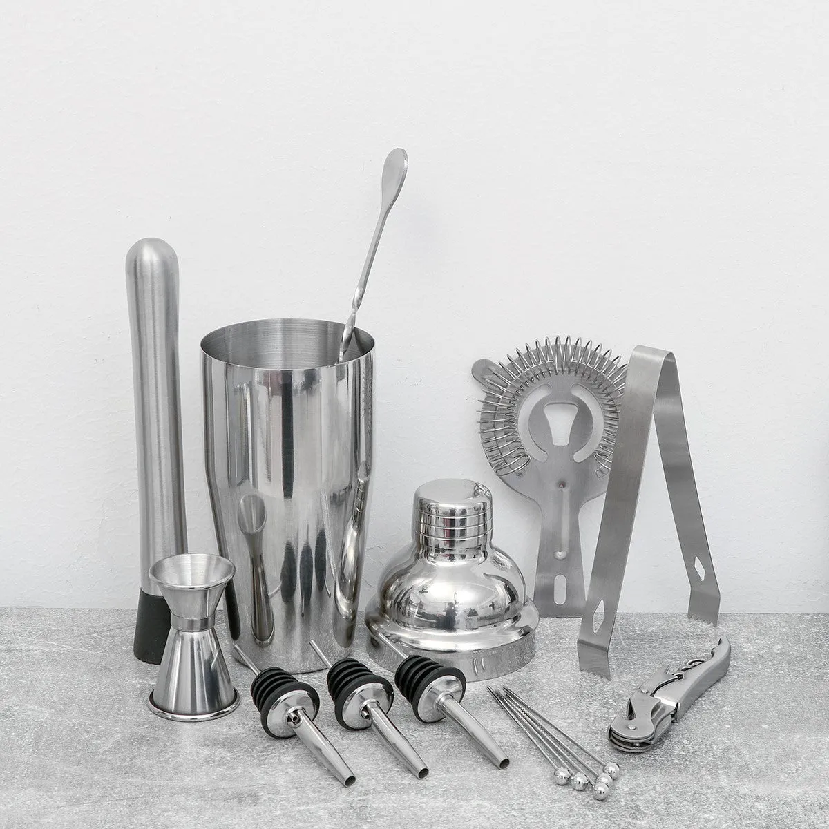 Stainless Steel Cocktail Making Set Parisian Shaker Set Gift 16Pcs bar set tools with one wood stand.