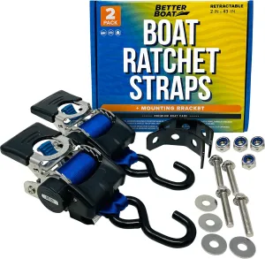 Stainless Steel Retractable Ratchet Straps, Heavy Duty Set, 2 Inch x 43 Inch, 2 Transom Tie-Downs with Mounting Brackets and Bolts, Auto Self-Retracting Buckle for Boat Trailer and Cargo