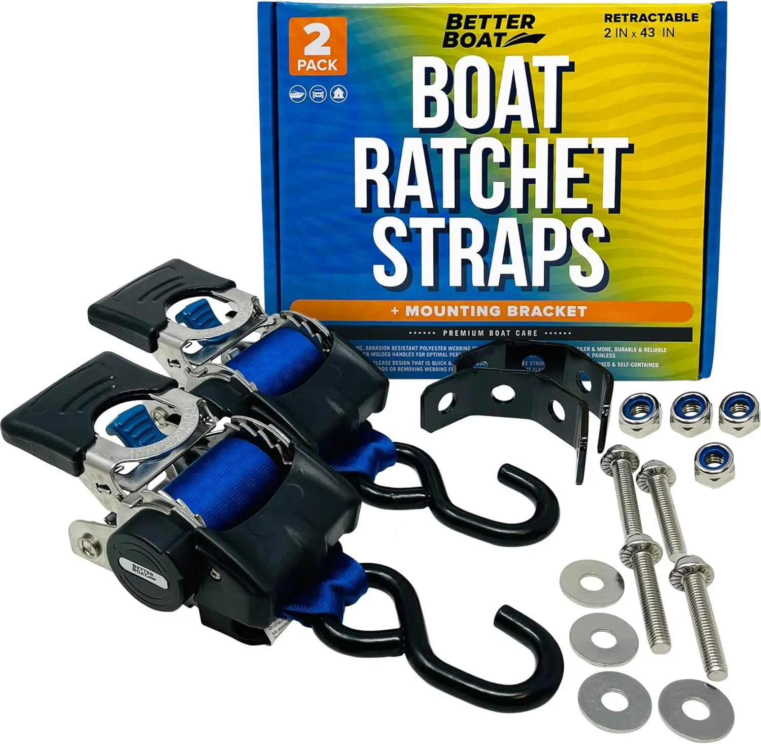 Stainless Steel Retractable Ratchet Straps, Heavy Duty Set, 2 Inch x 43 Inch, 2 Transom Tie-Downs with Mounting Brackets and Bolts, Auto Self-Retracting Buckle for Boat Trailer and Cargo