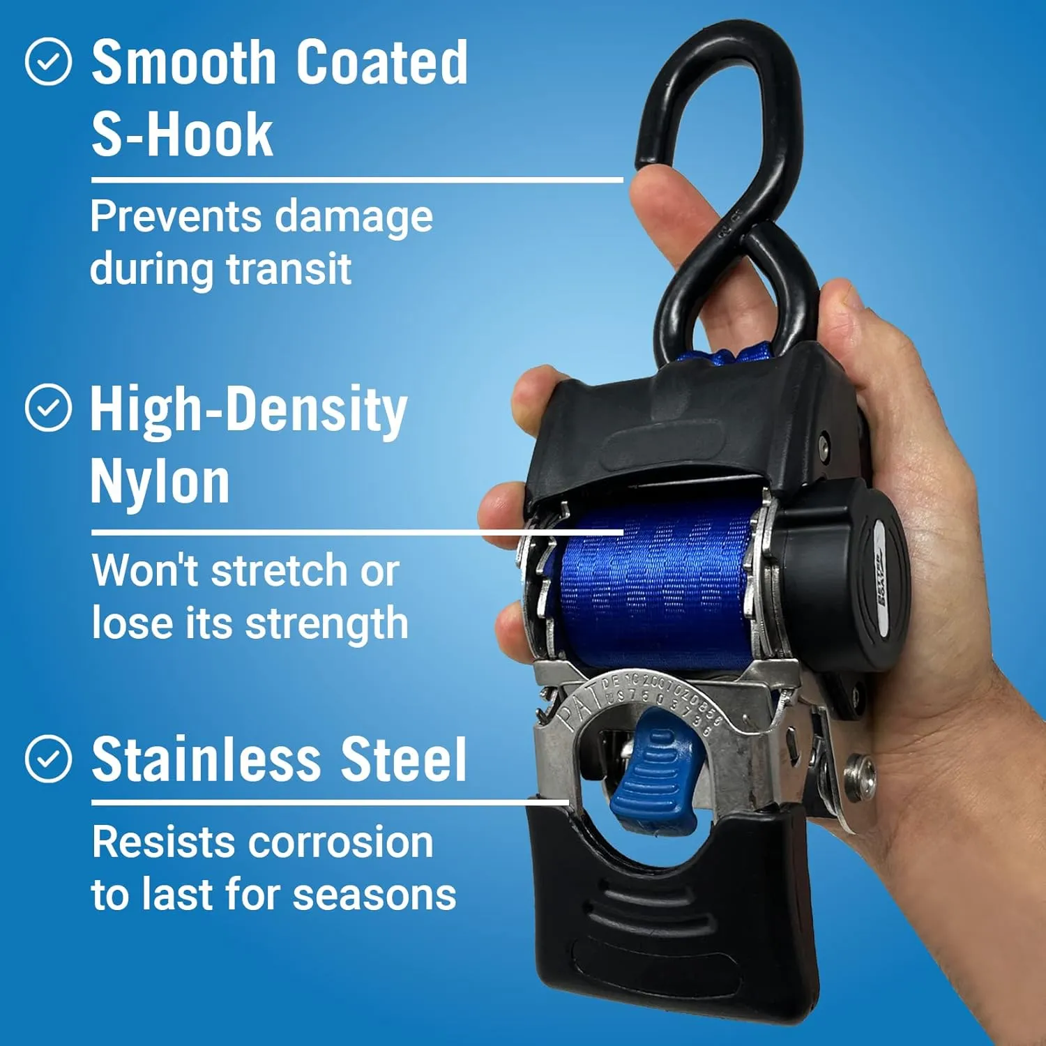 Stainless Steel Retractable Ratchet Straps, Heavy Duty Set, 2 Inch x 43 Inch, 2 Transom Tie-Downs with Mounting Brackets and Bolts, Auto Self-Retracting Buckle for Boat Trailer and Cargo