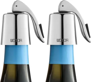 Stainless Steel Wine Bottle Stoppers with Silicone - Reusable Wine Saver and Decorative Bottle Sealer, Leakproof, Keep Fresh, Silver, 2 Pack