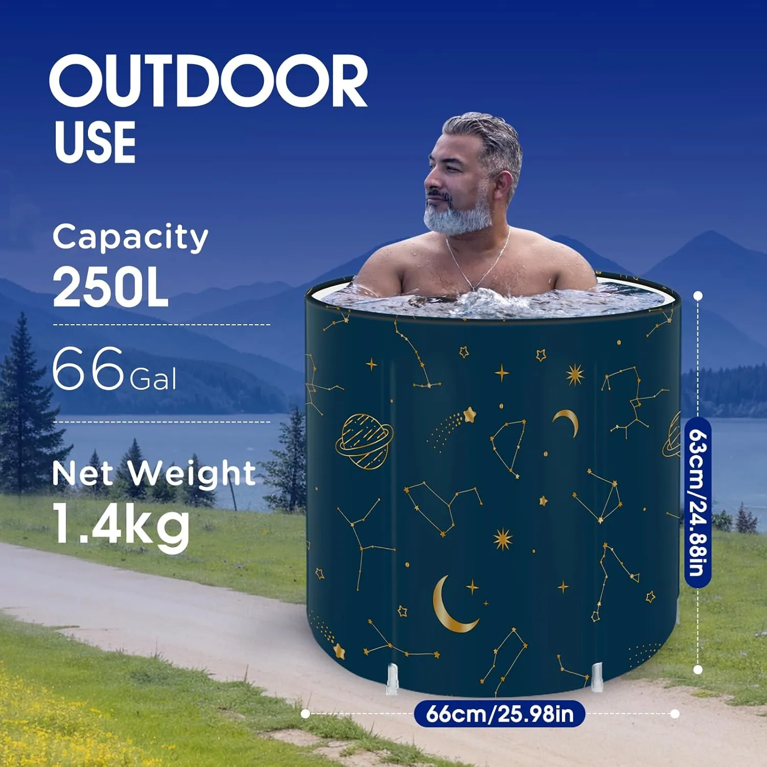 STARBRILLIANT Portable Foldable Bathtub, Collapsible Adult Travel Bath Tub for Camping, Home & Spa, Space-Saving Storage, Durable PVC Material (Starry Sky A, 27inch)