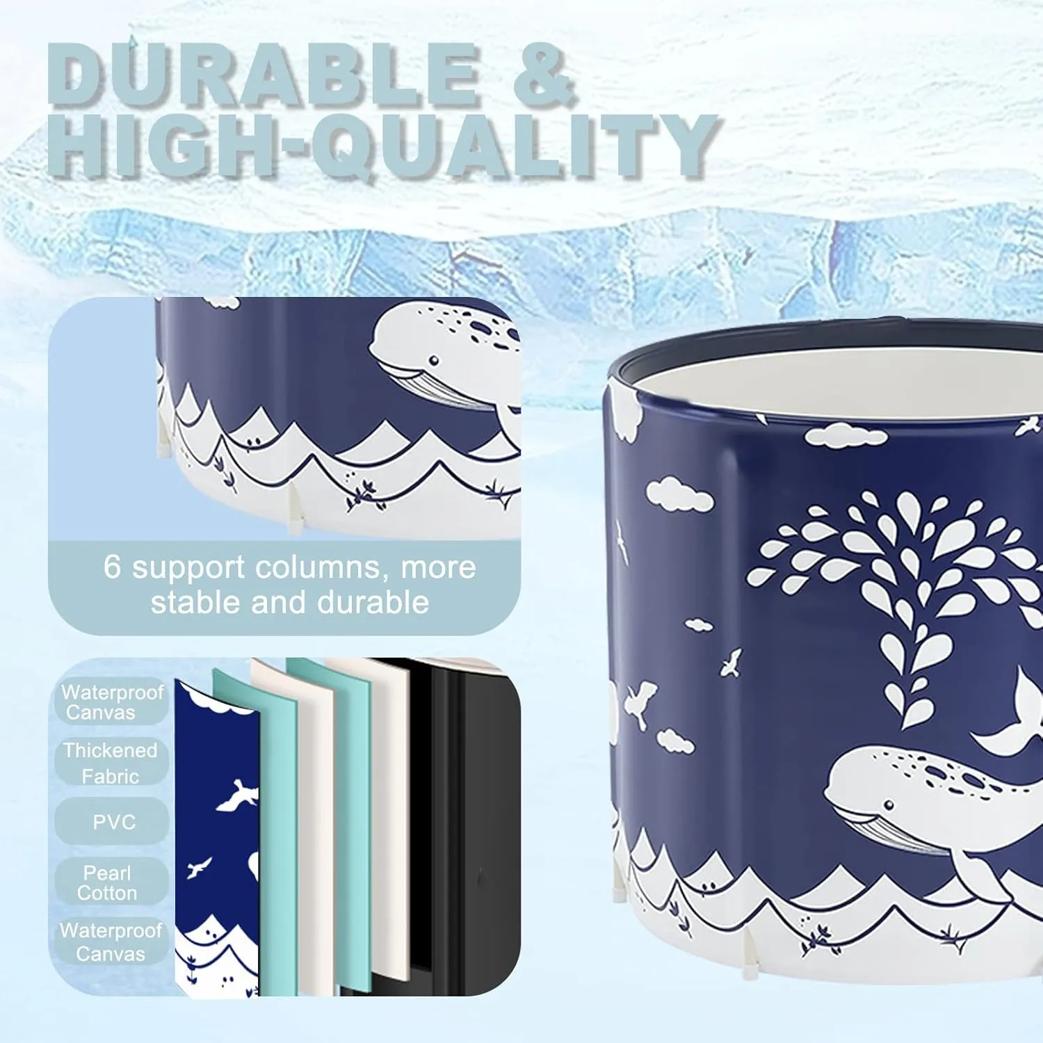 STARBRILLIANT Portable Foldable Bathtub, Collapsible Adult Travel Bath Tub for Camping, Home & Spa, Space-Saving Storage, Durable PVC Material (Whale, 27inch)