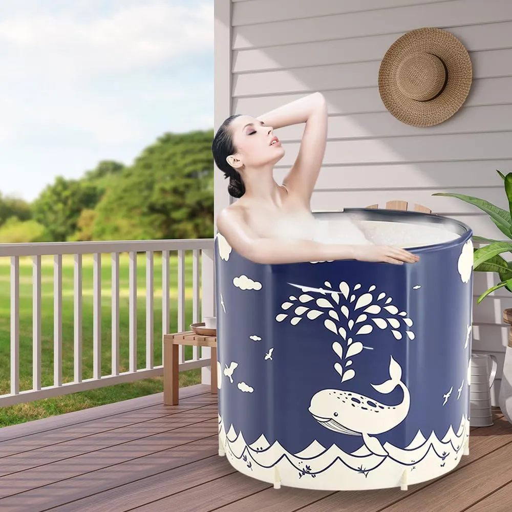 STARBRILLIANT Portable Foldable Bathtub, Collapsible Adult Travel Bath Tub for Camping, Home & Spa, Space-Saving Storage, Durable PVC Material (Whale, 27inch)