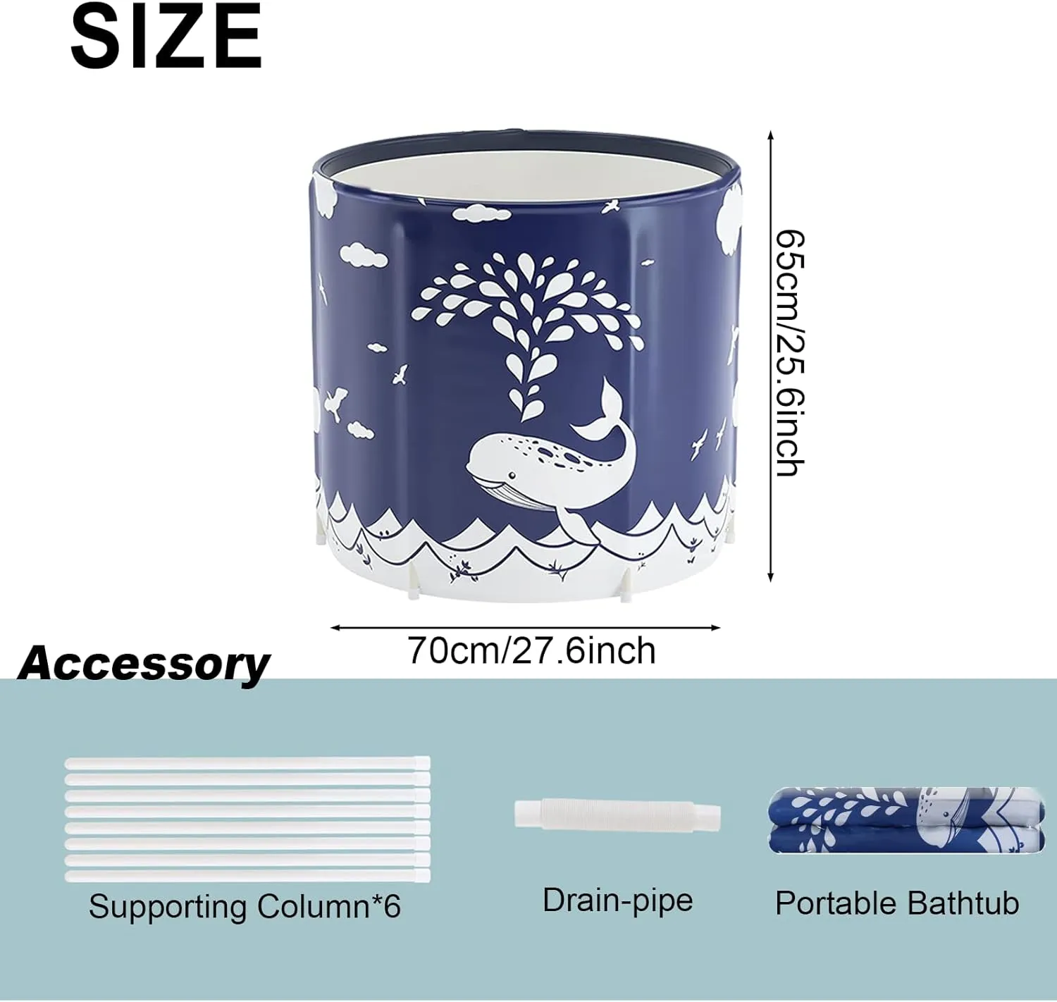 STARBRILLIANT Portable Foldable Bathtub, Collapsible Adult Travel Bath Tub for Camping, Home & Spa, Space-Saving Storage, Durable PVC Material (Whale, 27inch)