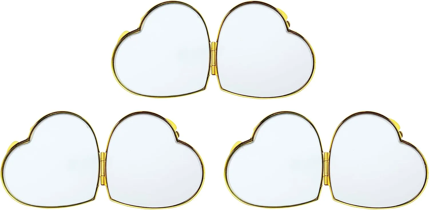 Stephanie Imports Set of 3 Slim Heart-Shaped Double Sided Magnifying Compact Mirrors (Small, Gold)
