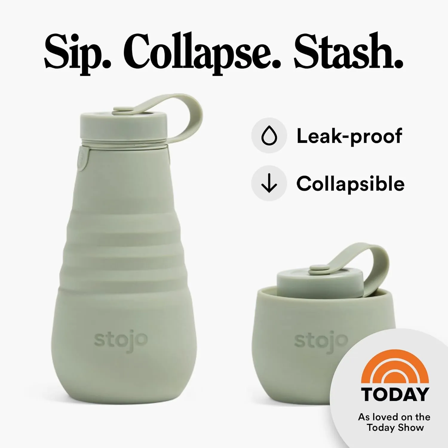STOJO Collapsible Sports Water Bottle - Leak-Proof Reusable Silicone Travel Cup for Hot & Cold Drinks - Microwave & Dishwasher Safe - AS SEEN ON TODAY SHOW - Parent (Sage)