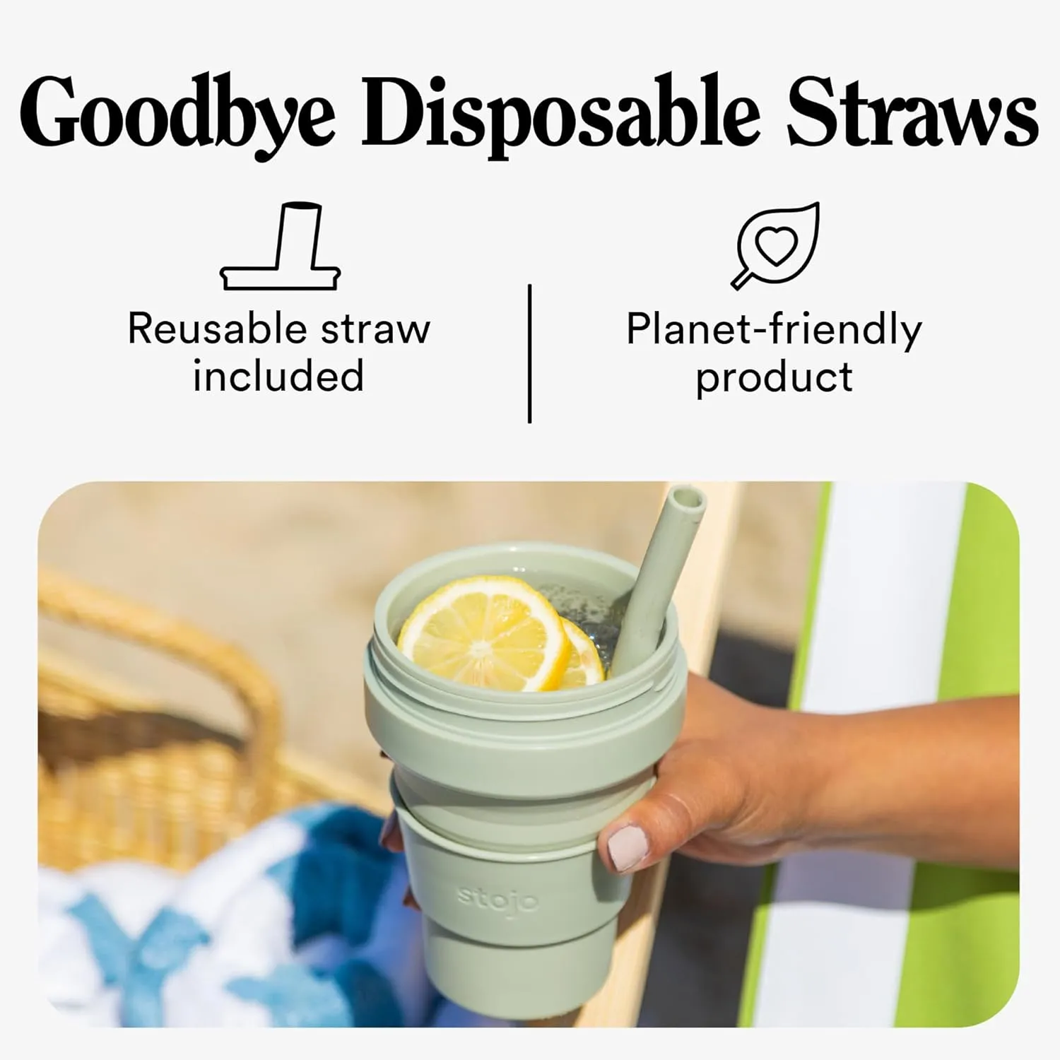STOJO Collapsible Travel Cup With Straw - Sage Green, 16oz / 470ml - Reusable To-Go Pocket Size Silicone Bottle for Hot and Cold Drinks - Perfect for Camping and Hiking - Microwave & Dishwasher Safe
