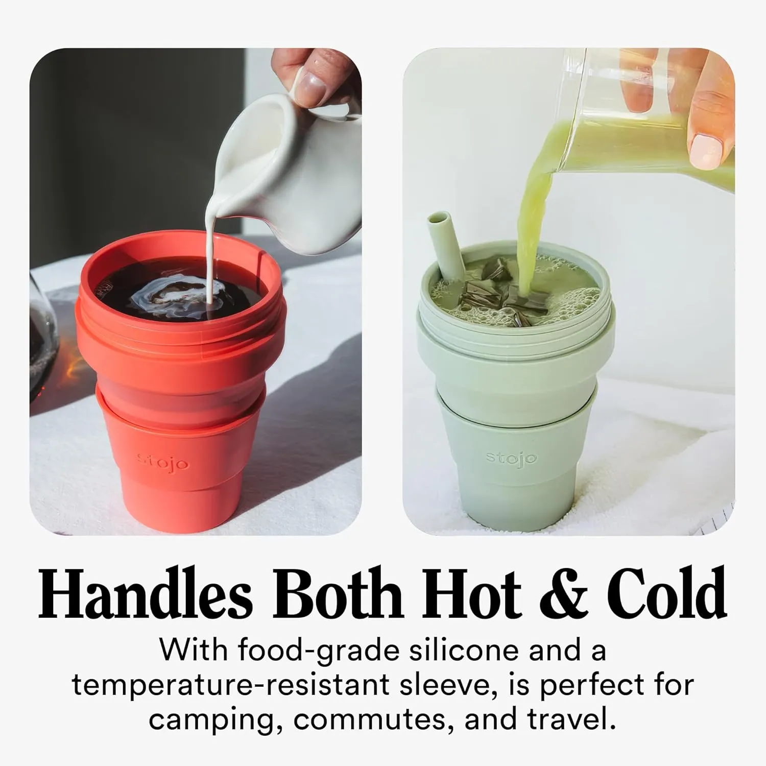 STOJO Collapsible Travel Cup With Straw - Sage Green, 16oz / 470ml - Reusable To-Go Pocket Size Silicone Bottle for Hot and Cold Drinks - Perfect for Camping and Hiking - Microwave & Dishwasher Safe