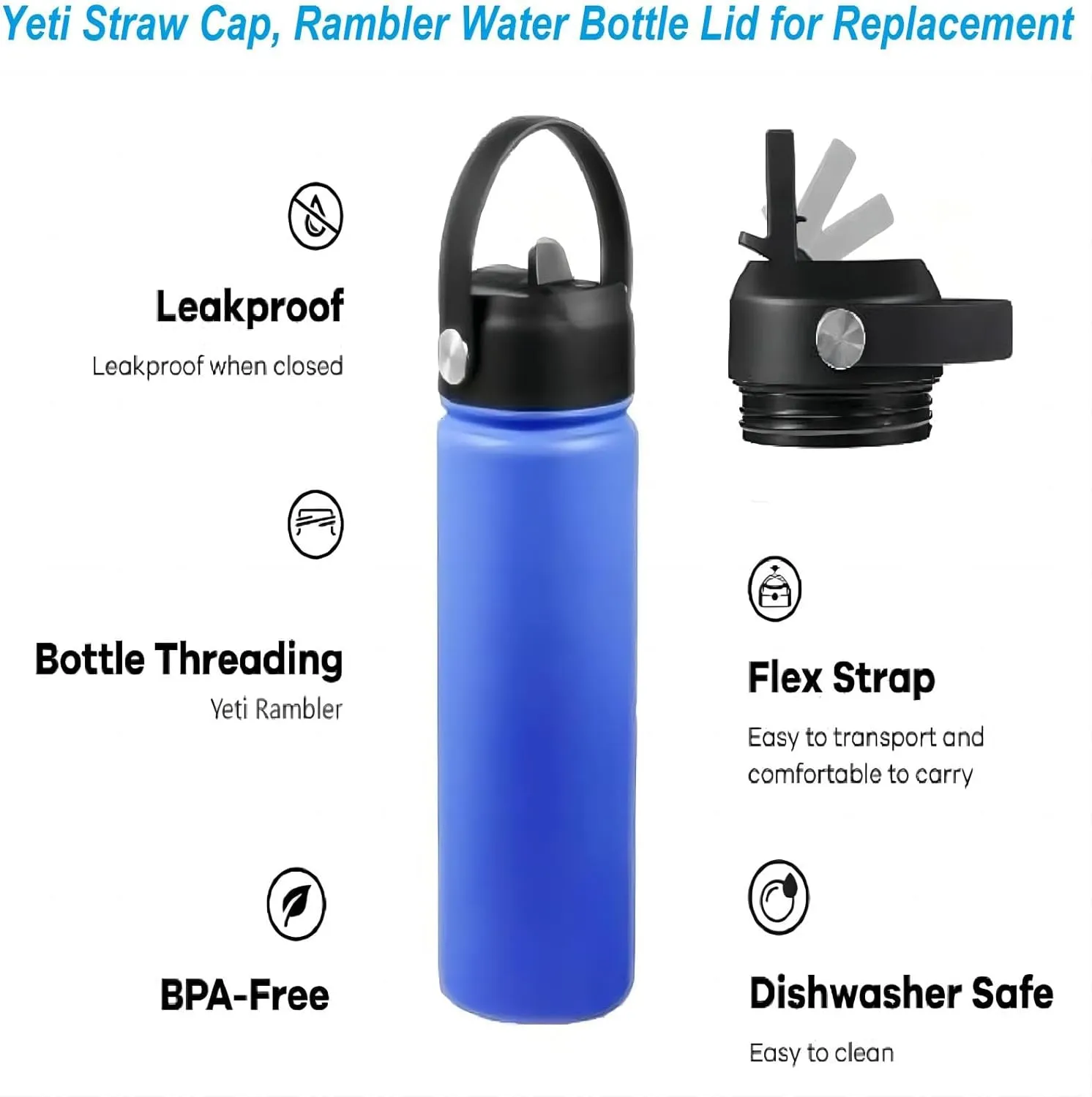 Straw lid for Yeti Rambler 18 26 36 64 oz, Lid with Straws and Flexible Handle, Replacement Cap for Yeti 18oz 26oz 36oz 64oz Rambler Water Bottle Straw Cap