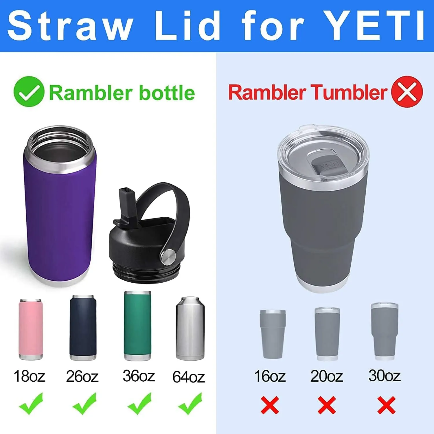 Straw lid for Yeti Rambler 18 26 36 64 oz, Lid with Straws and Flexible Handle, Replacement Cap for Yeti 18oz 26oz 36oz 64oz Rambler Water Bottle Straw Cap