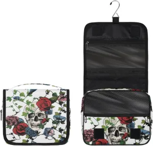 Sugar Skull Flower Toiletry Bag with Hanging Hook Travel Organizer Makeup Bag for Women Waterproof Accessories Toiletries Travel Essentials Personalized Birthday Valentines Day Gifts